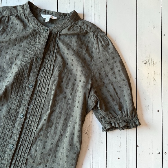 Lucky Brand Olive Green Textured Blouse Size SP Pintuck Button Front Cotton Boho - Picture 7 of 13